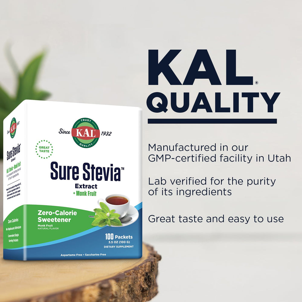 Close-up of single-serve packets showing precise portions from KAL Sure Stevia