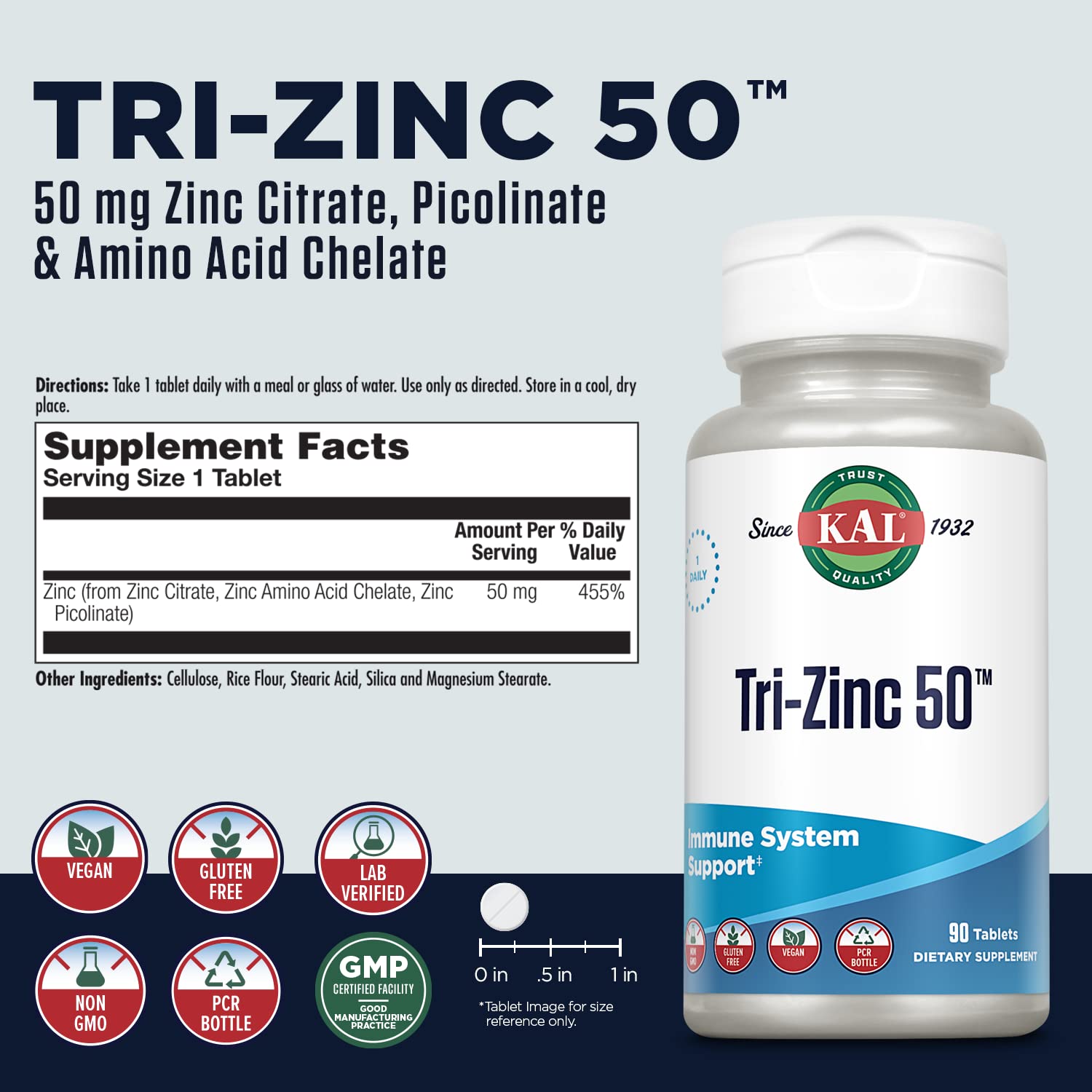 KAL Tri Zinc 50mg bottle label close-up highlights zinc forms included