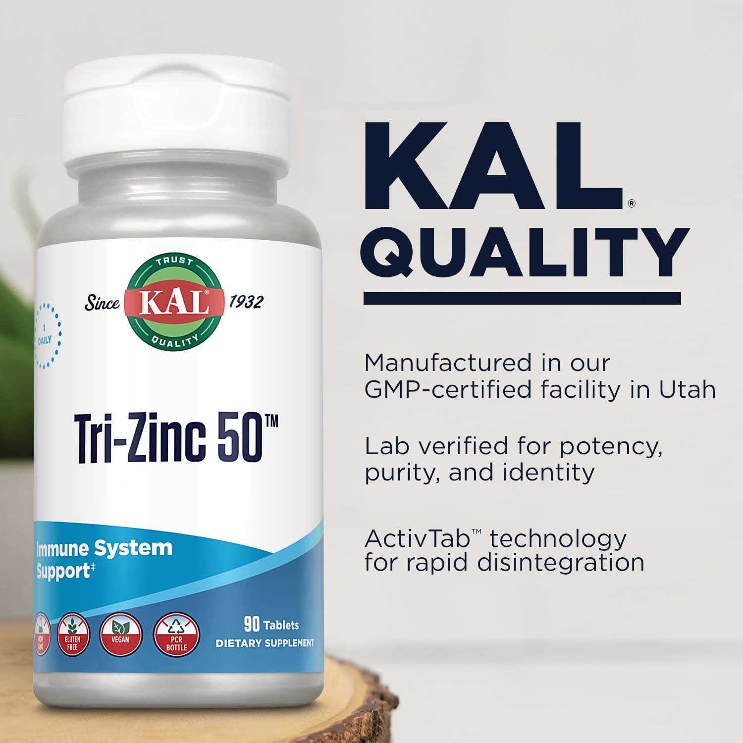 KAL Tri Zinc 50mg bottle with glass of water suggests easy daily intake