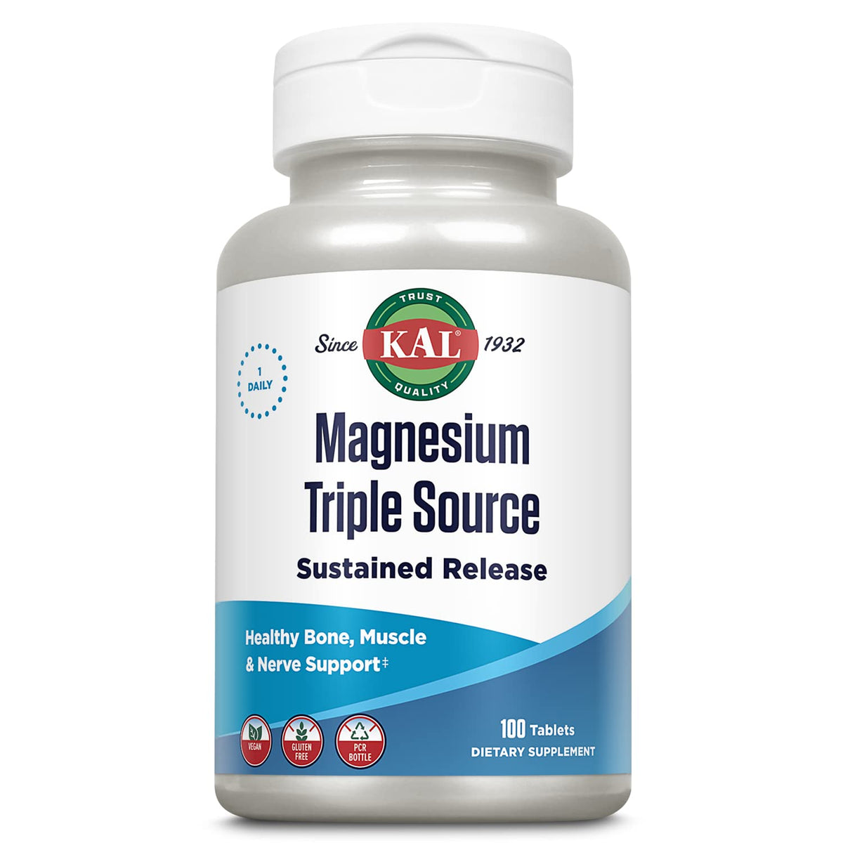 Kal Triple Source Magnesium bottle on white surface for daily heart, bone, and nerve support