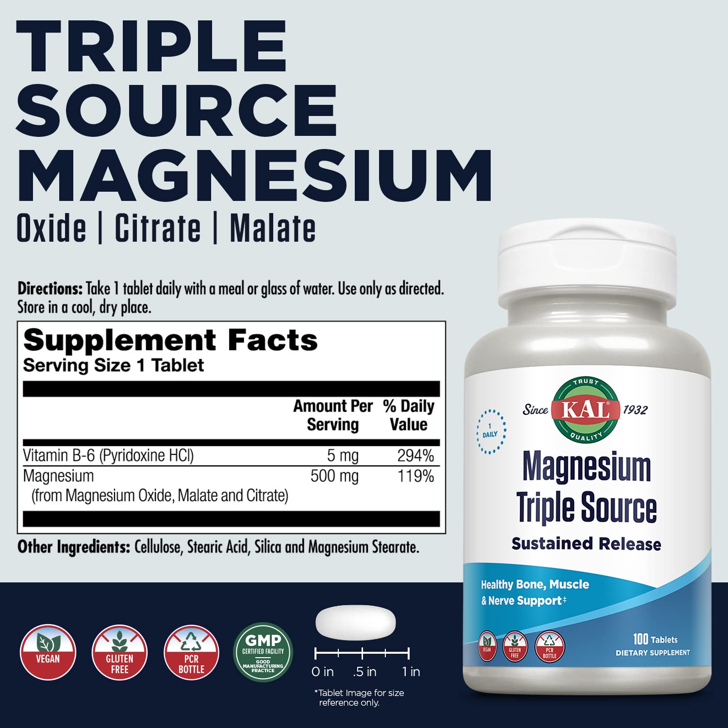 Close-up of Kal Triple Source Magnesium tablets highlighting sustained release and nutrient blend
