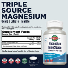 Close-up of Kal Triple Source Magnesium tablets highlighting sustained release and nutrient blend