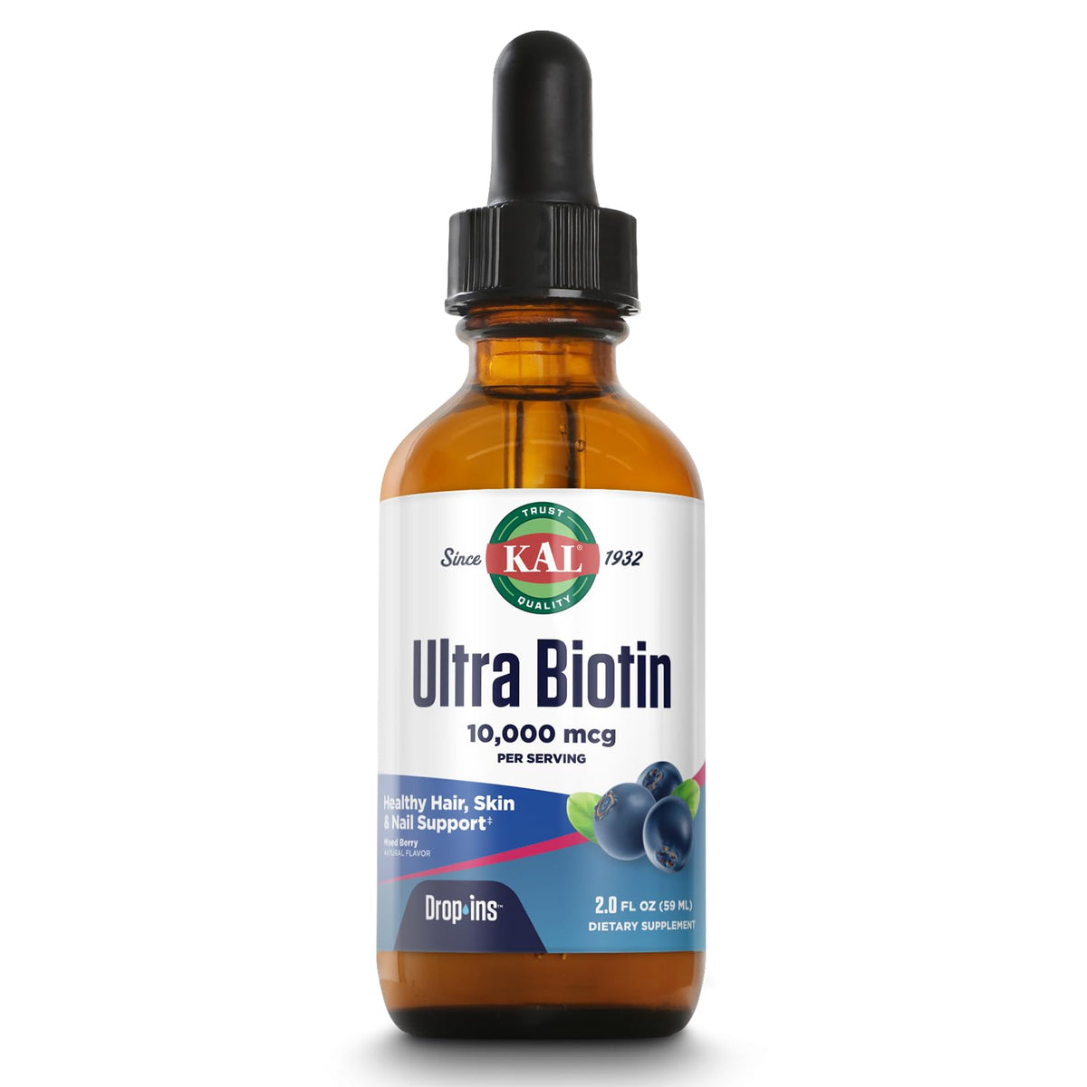 KAL Ultra Biotin bottle with dropper for daily hair and nail support.
