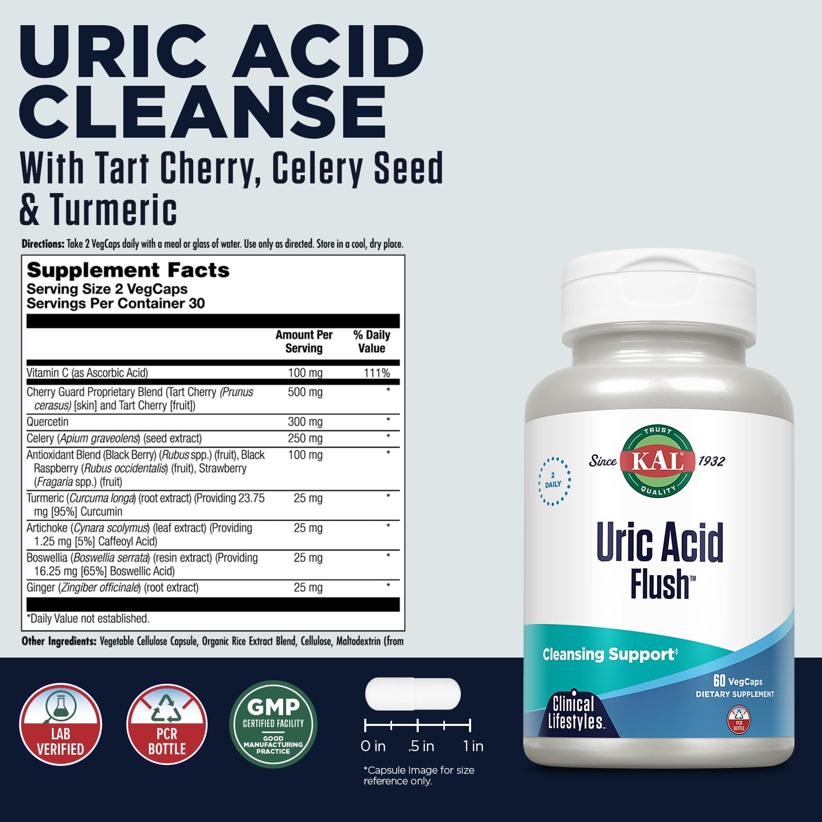 KAL Uric Acid Flush capsules close-up – vegan capsules for easy swallowing.