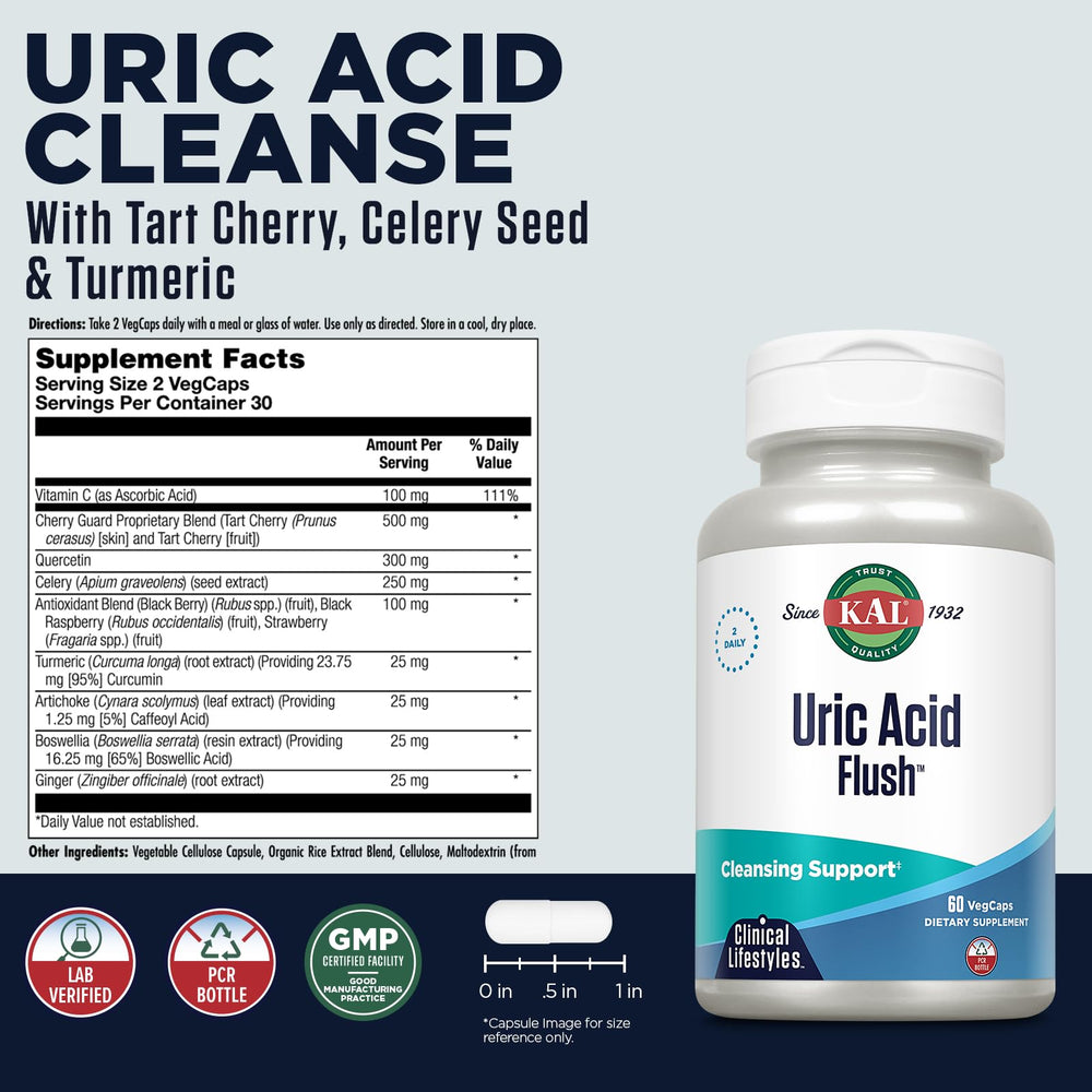 KAL Uric Acid Flush capsules close-up – vegan capsules for easy swallowing.