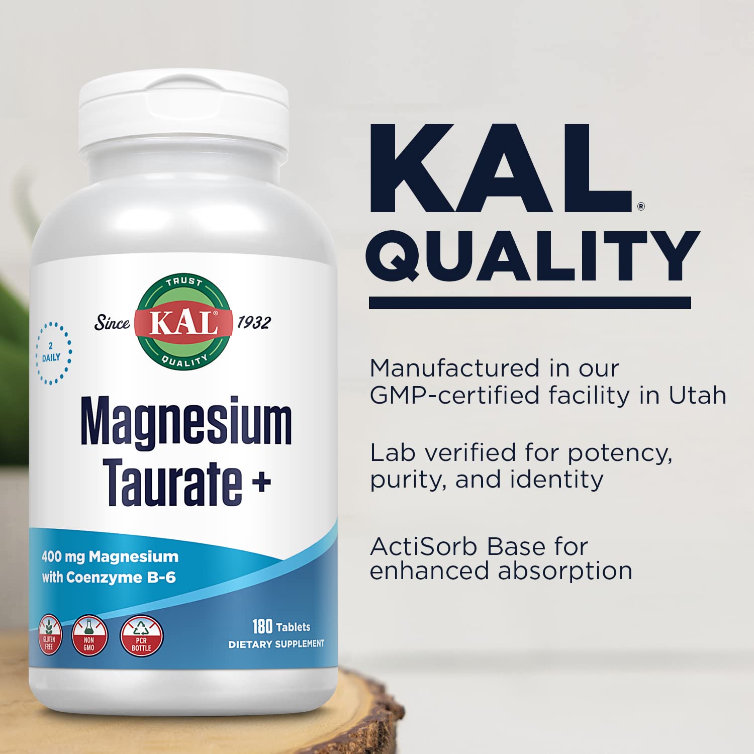 KAL Magnesium Taurate Plus tablets highlight vegan, gluten-free suitability