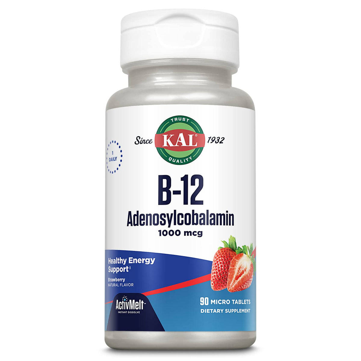 KAL Vitamin B12 Adenosylcobalamin bottle showing 1000 mcg active B12 for energy