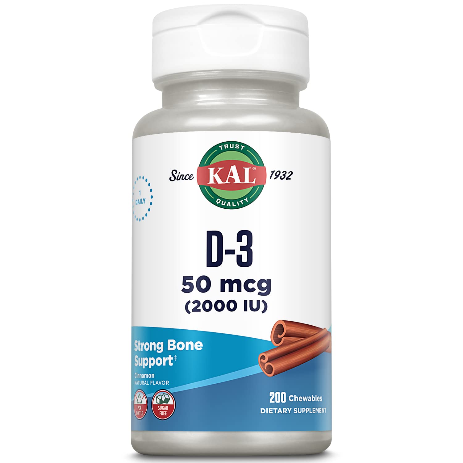 KAL Vitamin D3 chewables bottle front for easy daily bone support.