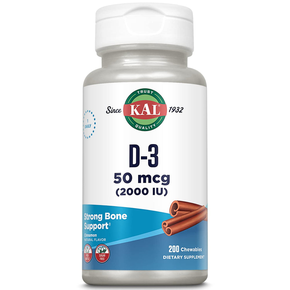 KAL Vitamin D3 chewables bottle front for easy daily bone support.