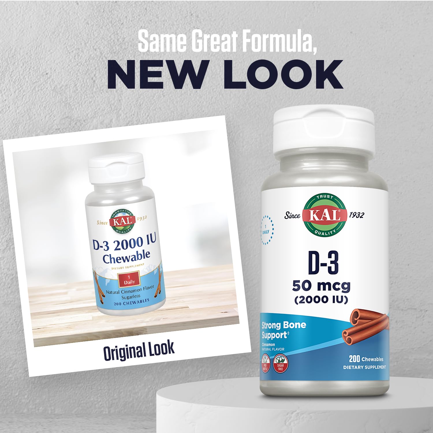 KAL Vitamin D3 chewables bottle label close-up showing sugar-free cinnamon flavor.