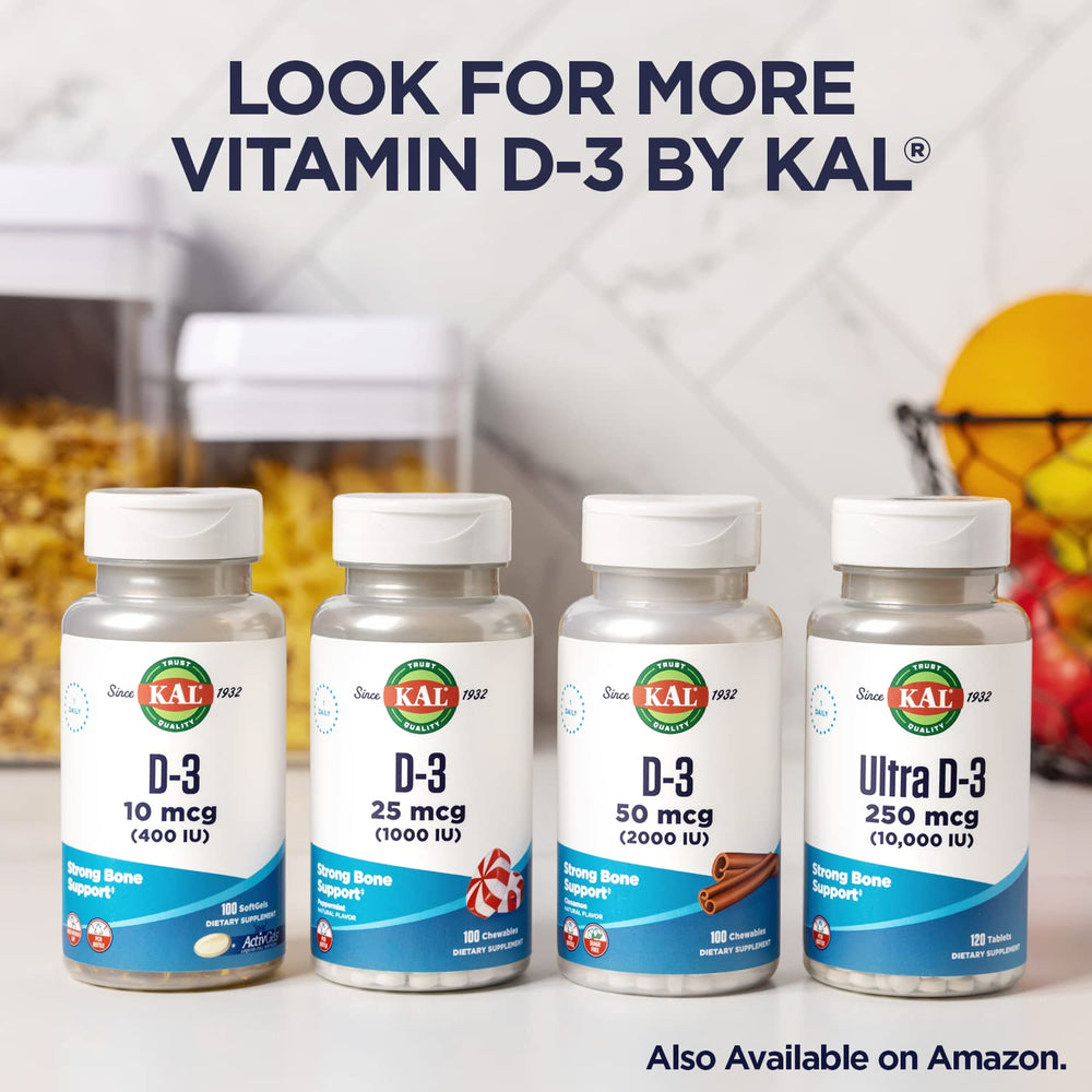 KAL Vitamin D3 chewables eco-friendly bottle highlighting PCR packaging.
