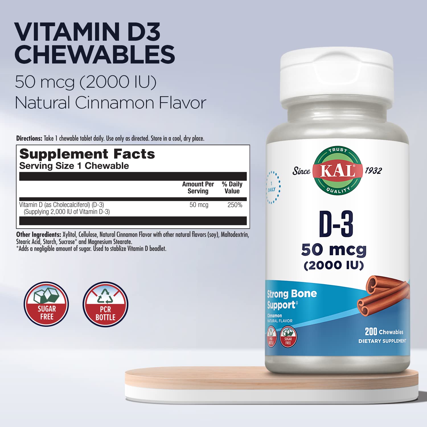 KAL Vitamin D3 chewables close-up of 50 mcg dosage per serving.