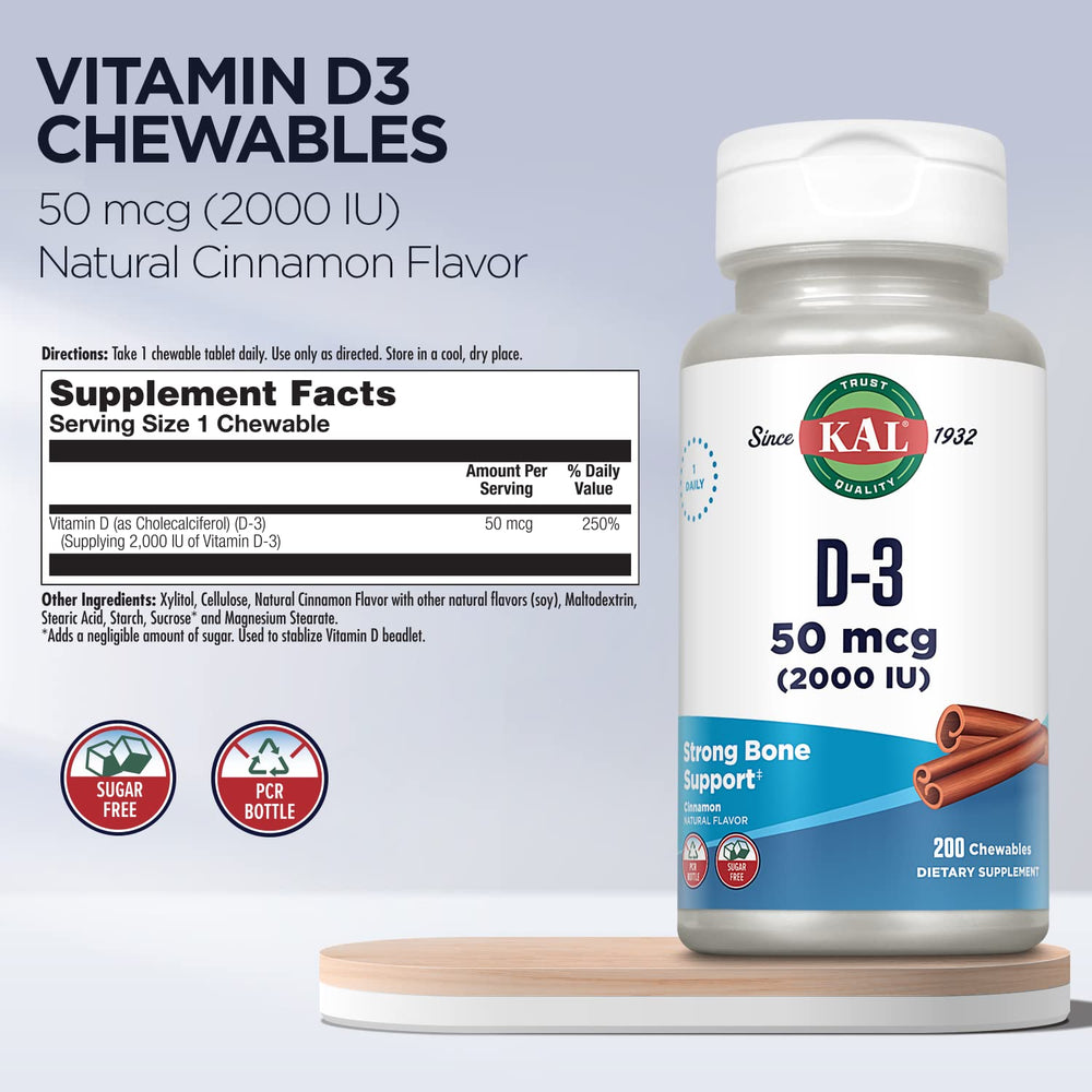 KAL Vitamin D3 chewables close-up of 50 mcg dosage per serving.
