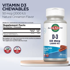 KAL Vitamin D3 chewables close-up of 50 mcg dosage per serving.