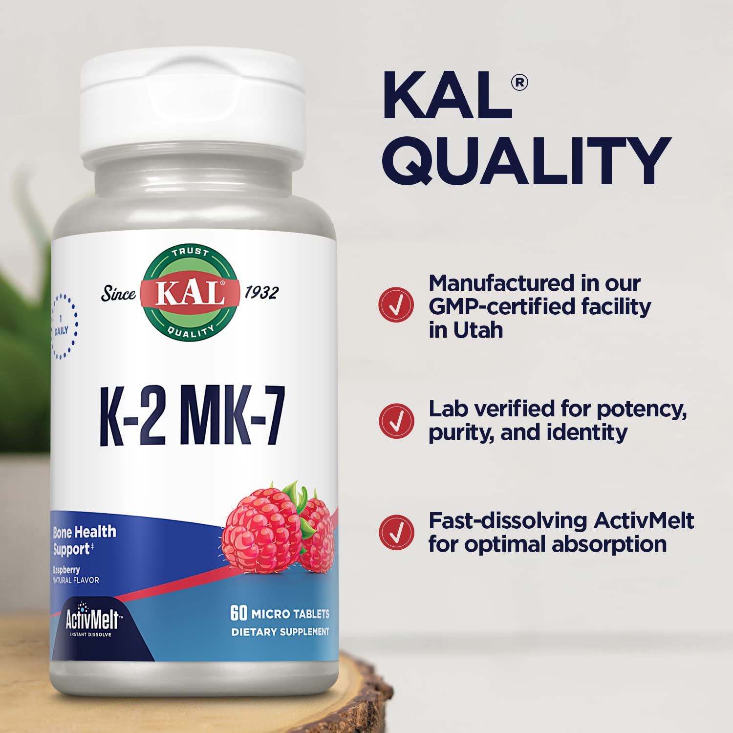 KAL Vitamin K2 MK7 bottle front view highlights vegan and gluten-free design.