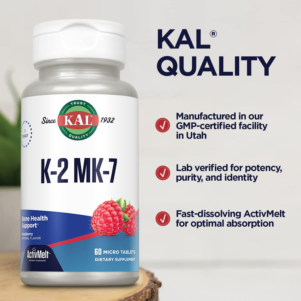 KAL Vitamin K2 MK7 bottle front view highlights vegan and gluten-free design.