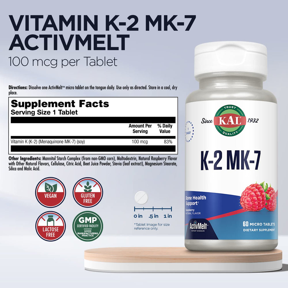 KAL Vitamin K2 MK7 raspberry flavor bottle emphasizes tasty, convenient daily supplementation.