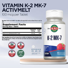 KAL Vitamin K2 MK7 raspberry flavor bottle emphasizes tasty, convenient daily supplementation.