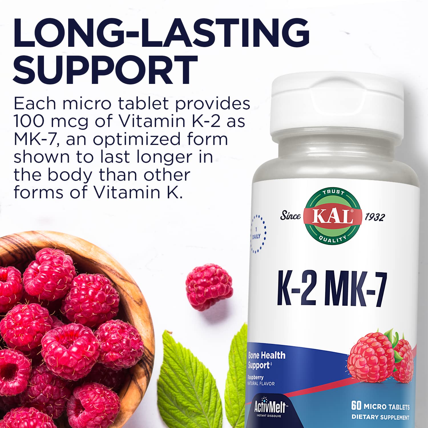 KAL Vitamin K2 MK7 vegan gluten-free label signals dietary suitability.