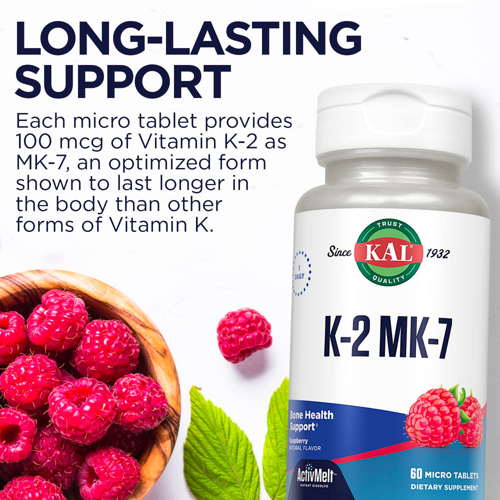KAL Vitamin K2 MK7 vegan gluten-free label signals dietary suitability.