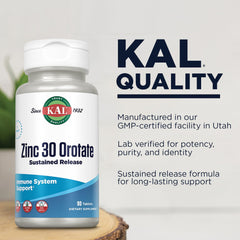 KAL Zinc Orotate 30mg bottle close-up emphasizes easy-to-swallow tablets