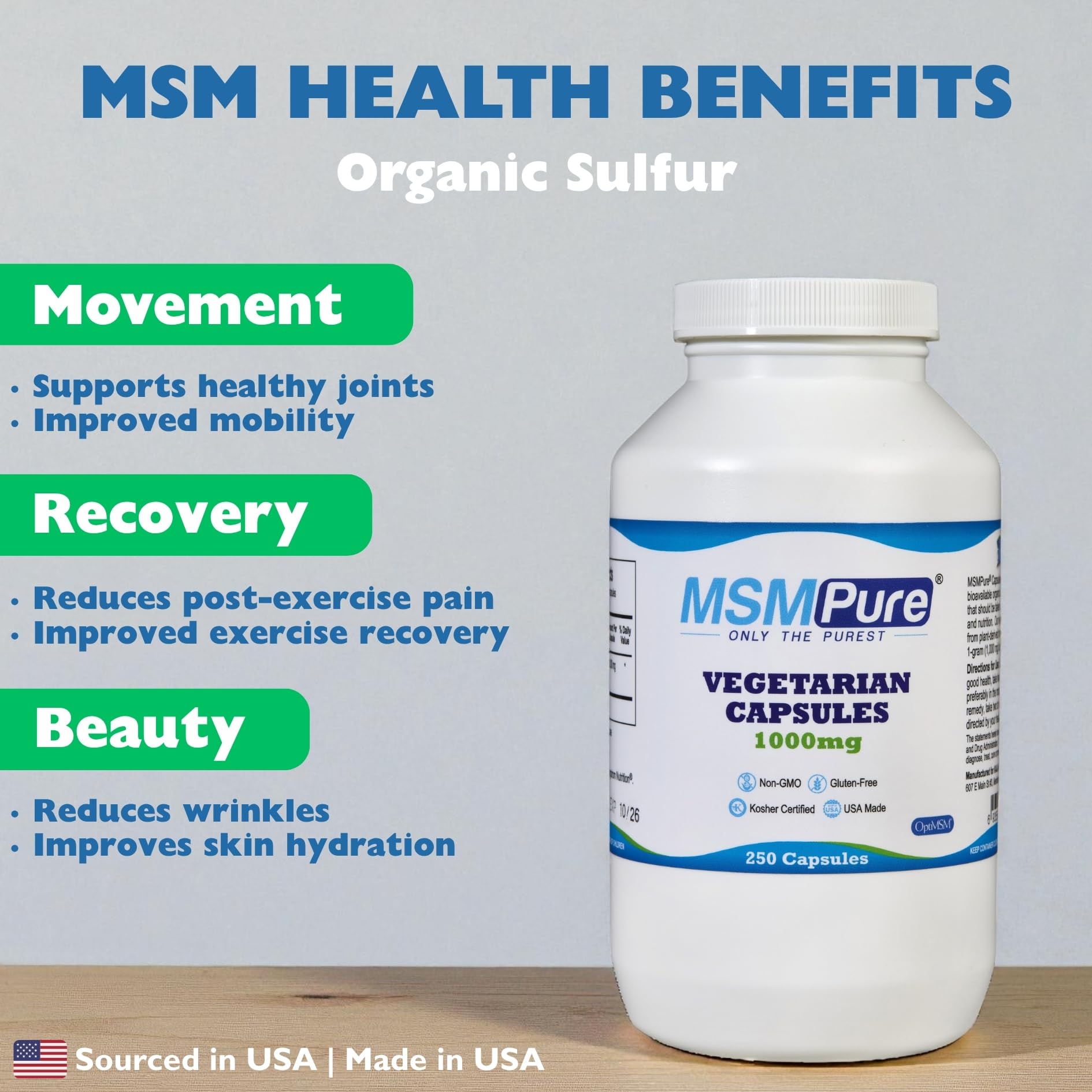 Kala Health MSMPure bottle front highlighting USA-made purity for joints.