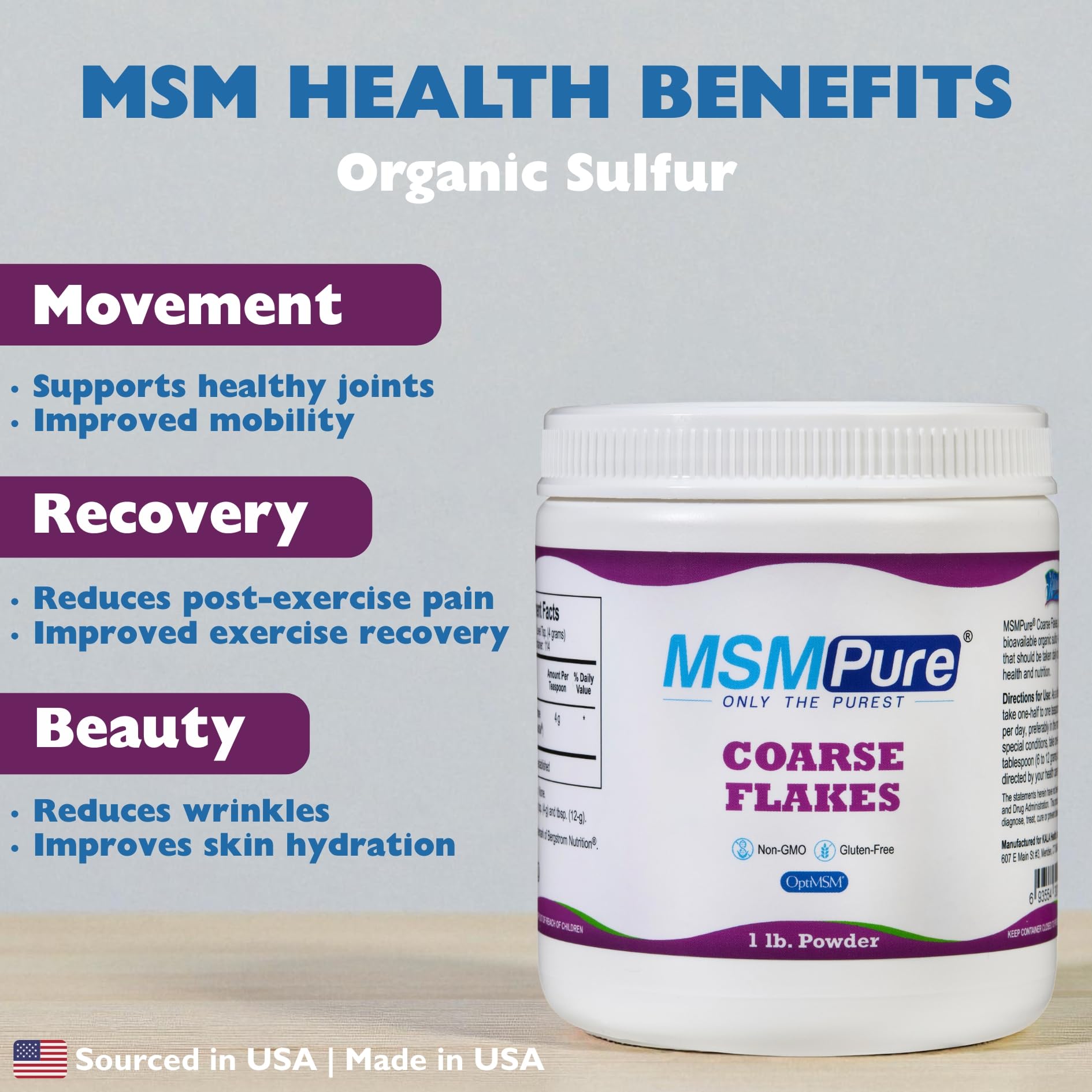 Kala Health MSMPure powder texture highlights coarse flakes for mixing and texture