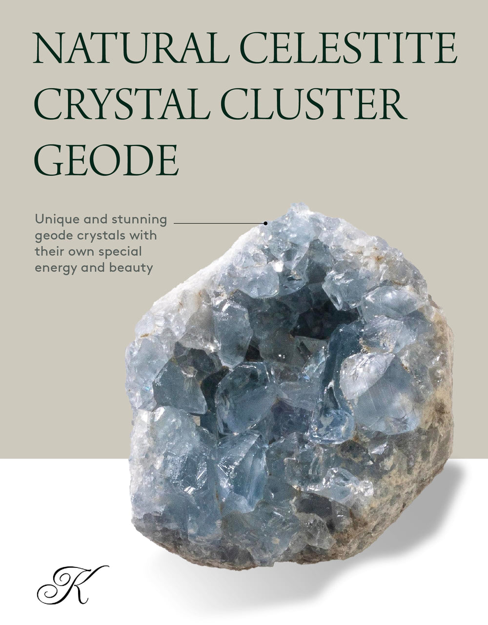 KALIFANO Celestite cluster on shelf aids peaceful atmosphere.