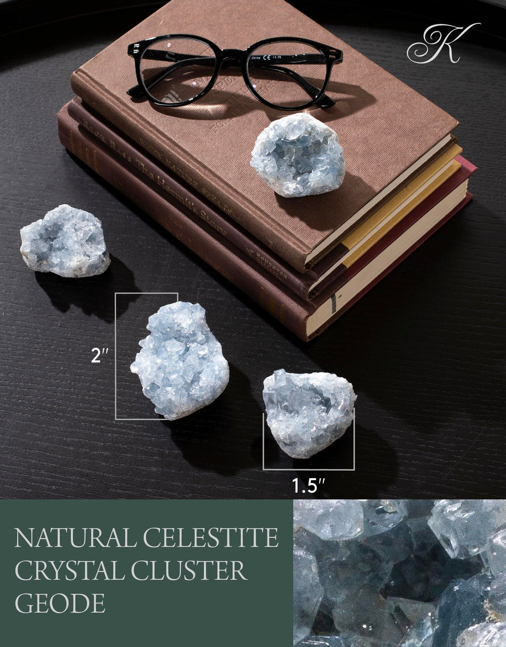 KALIFANO Celestite geode cluster displayed to enhance ambient serenity.