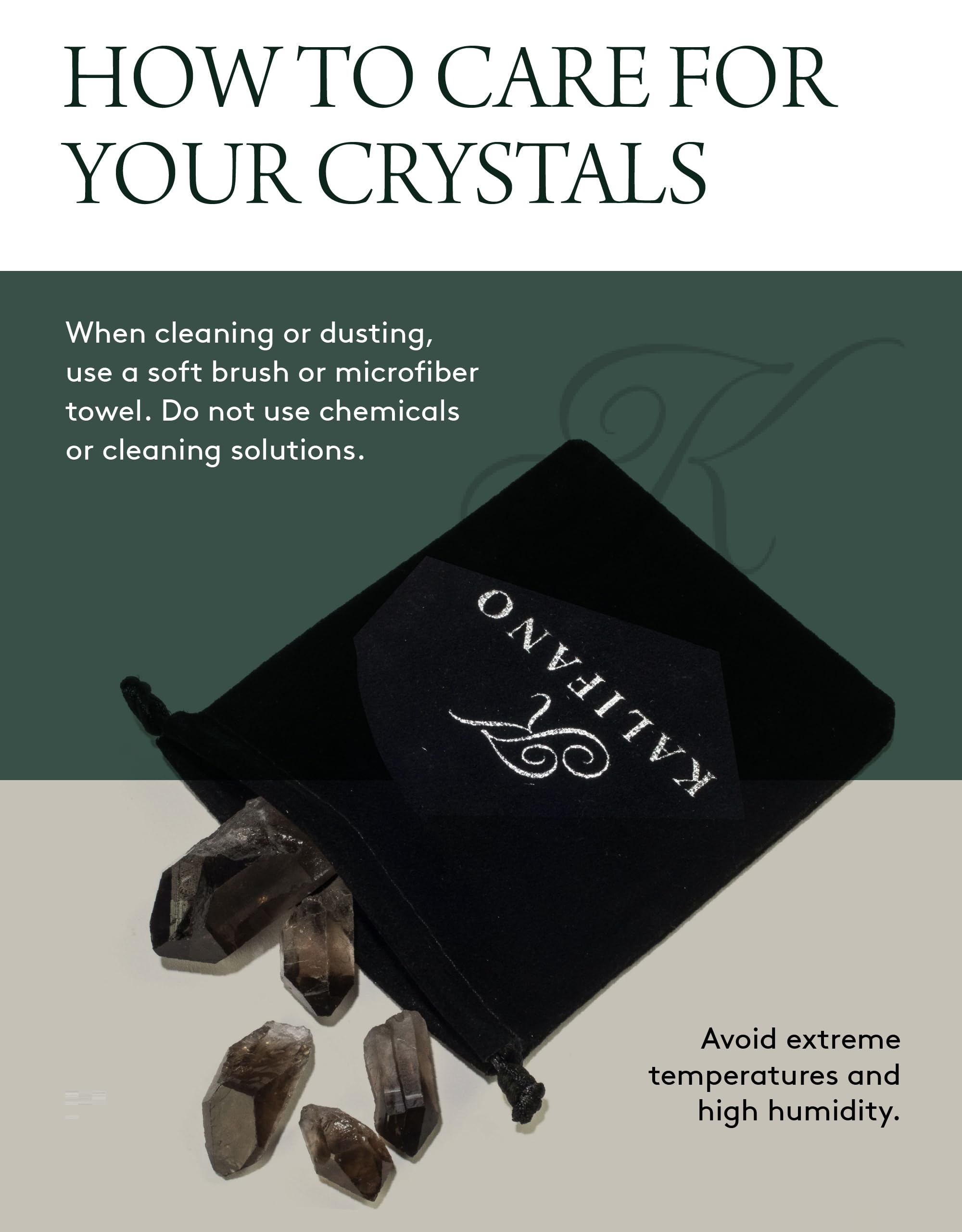 Branded packaging of KALIFANO smoky quartz points