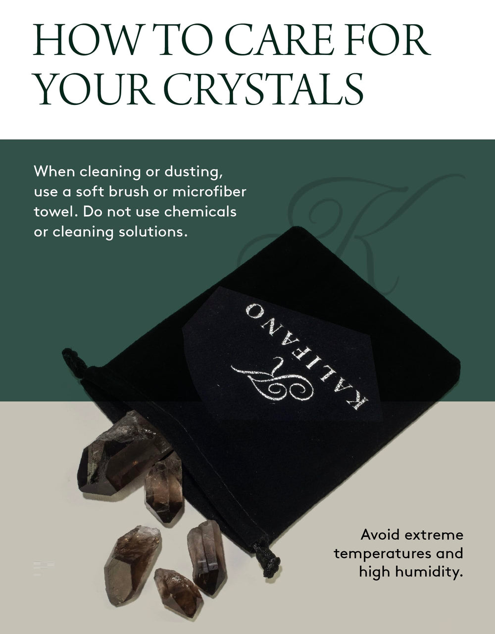 Branded packaging of KALIFANO smoky quartz points