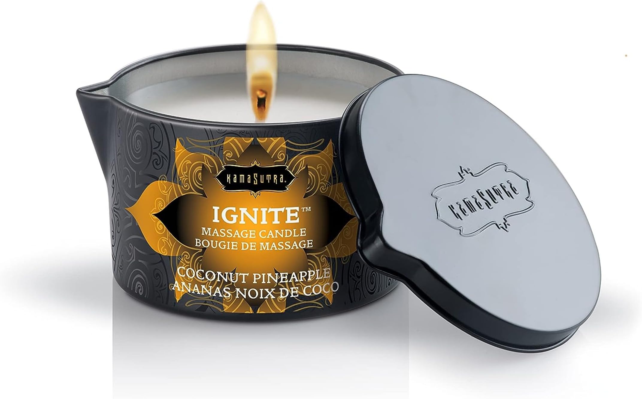 KAMA SUTRA Ignite coconut pineapple candle pours warm massage oil for relaxation.