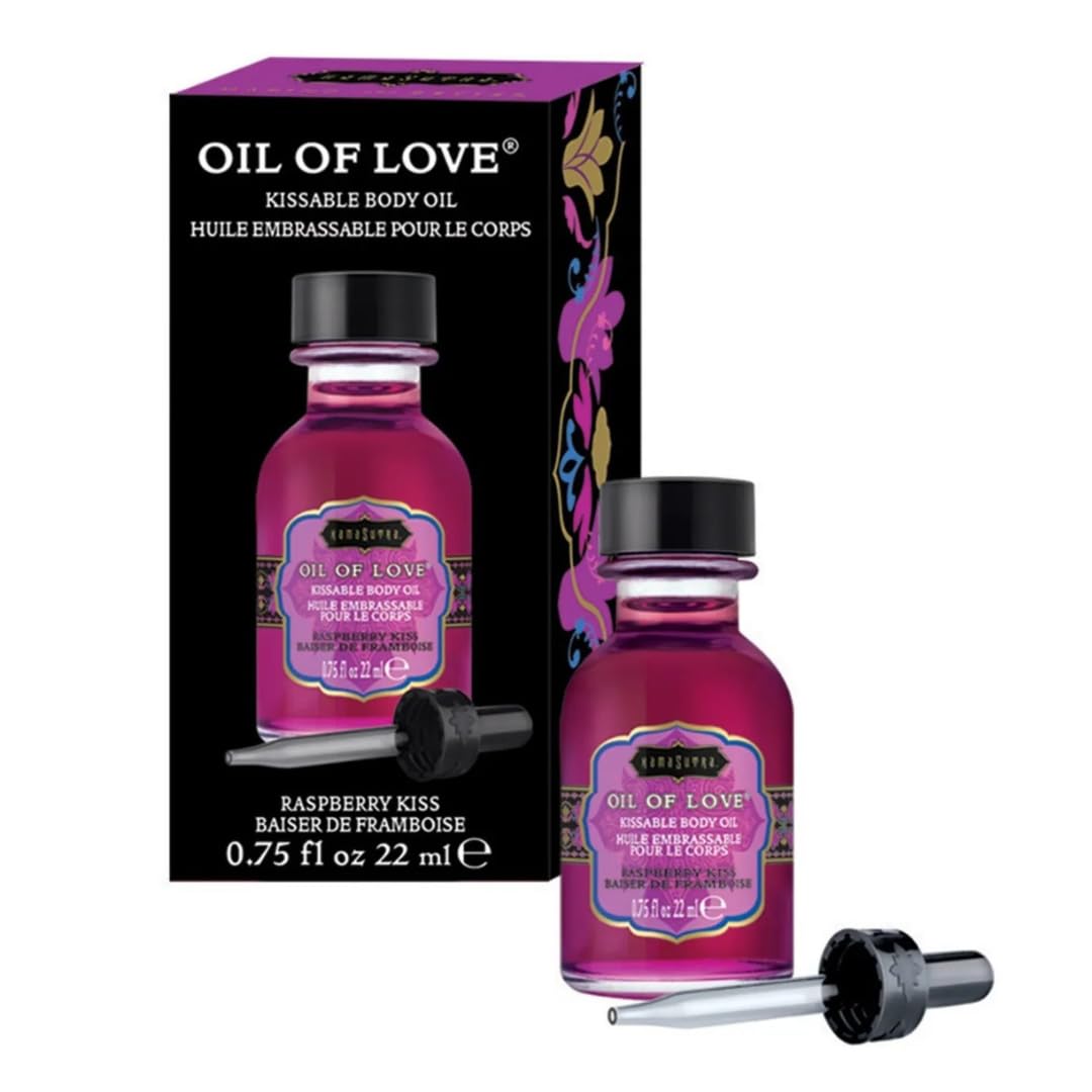 Kama Sutra Oil of Love Raspberry Kiss bottle ready for flavor-forward foreplay