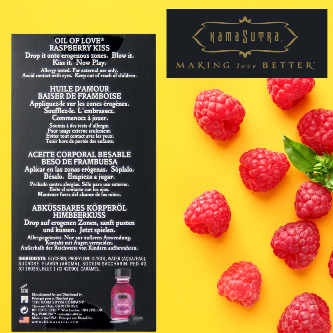 Kama Sutra Oil of Love Raspberry Kiss dropper delivering precise warmth for foreplay