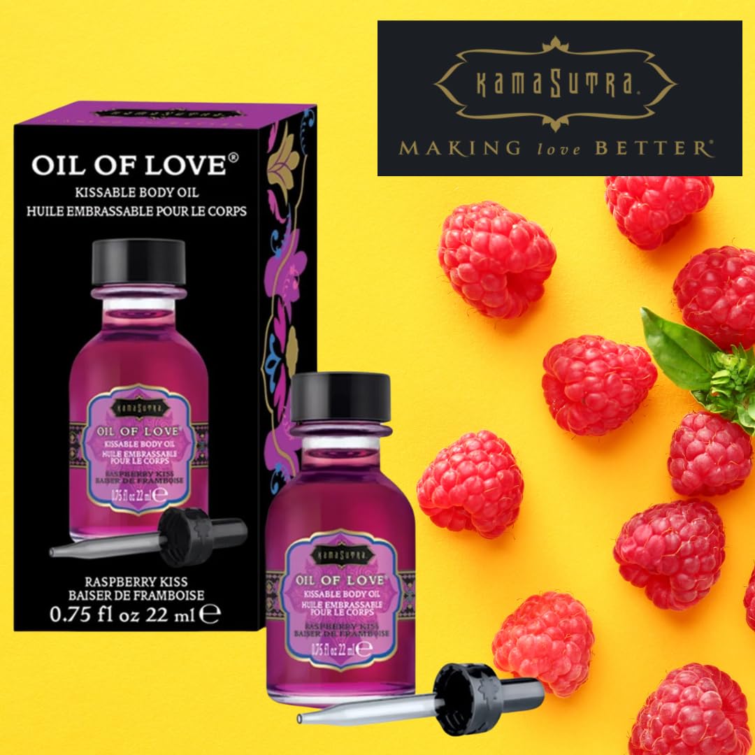 Kama Sutra Oil of Love Raspberry Kiss label and water-based formula close-up