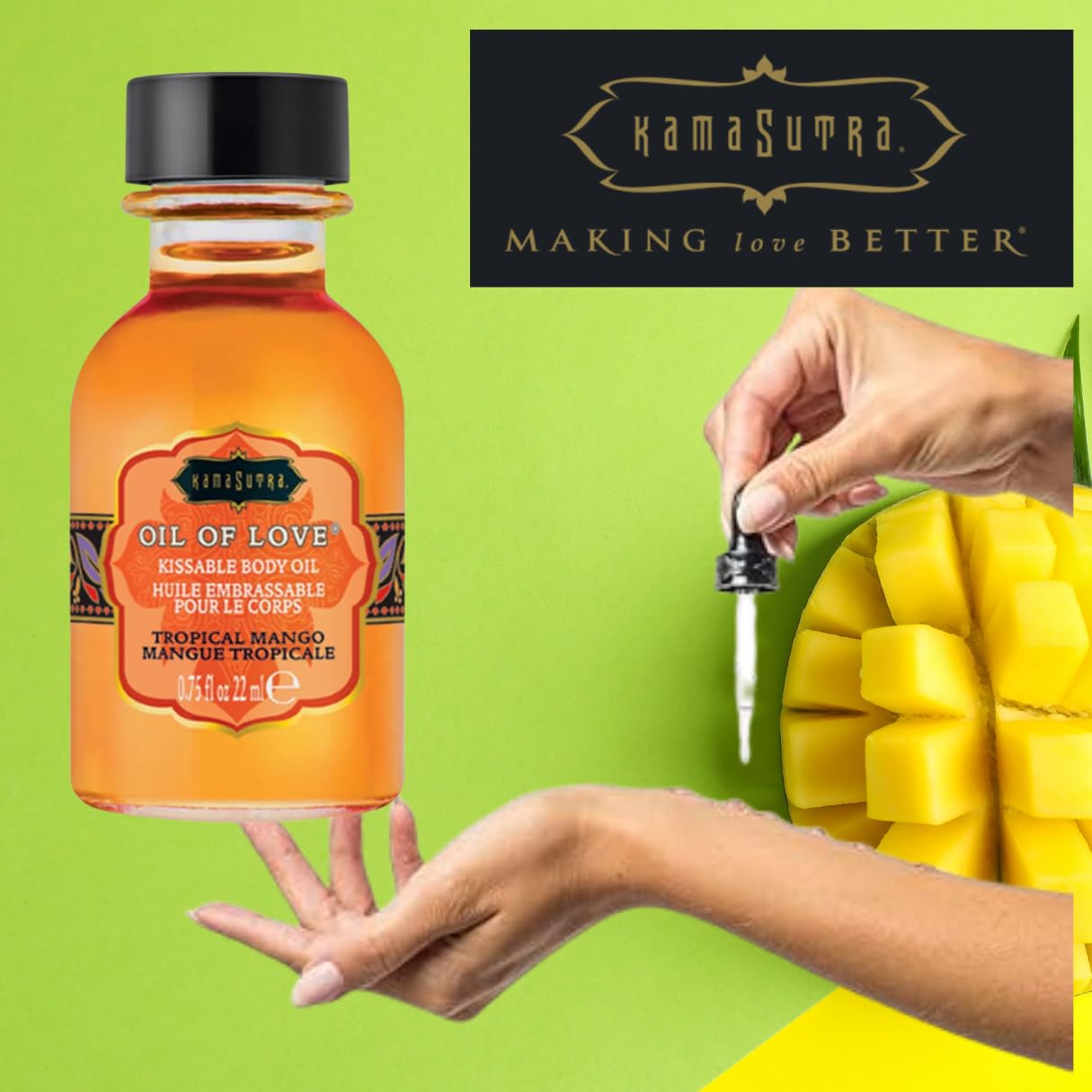 Kama Sutra Oil of Love Tropical Mango warms on skin during playful touch.