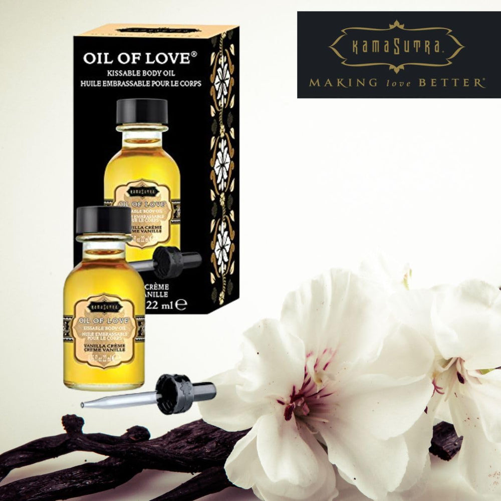 Packaging of KAMA SUTRA Oil of Love Vanilla Creme, travel-friendly