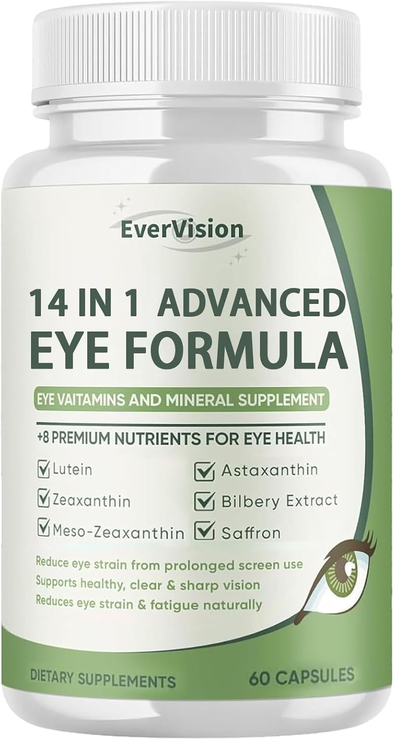 KAMGEAR 14-in-1 eye formula bottle close-up showing capsule texture for daily support.
