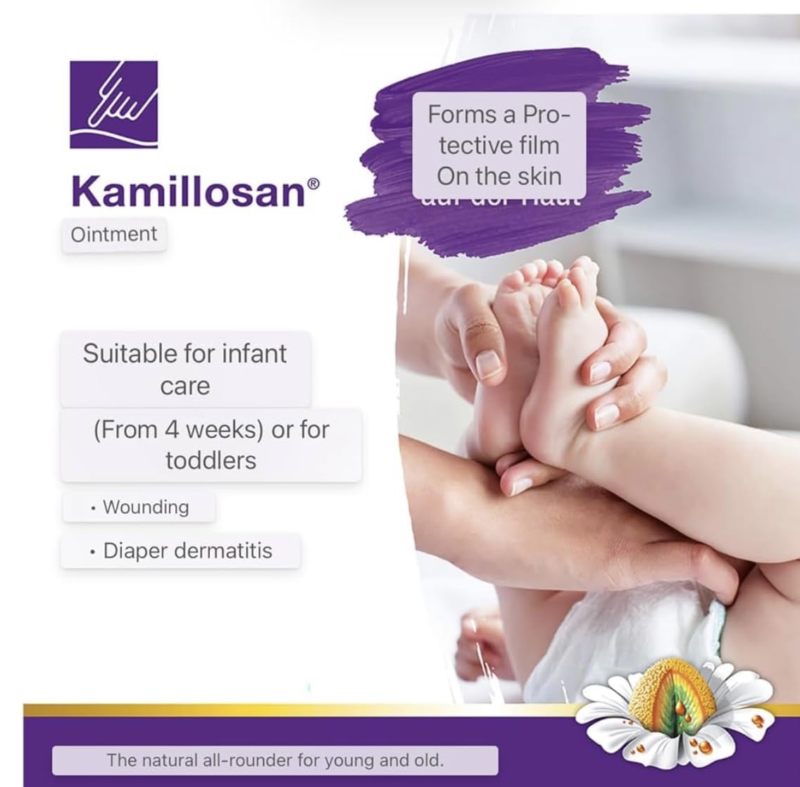 Kamillosan Ointment 40g application swatch indicates gentle skin contact.