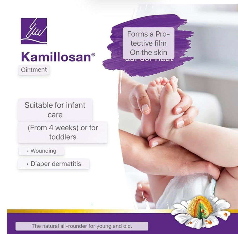 Kamillosan Ointment 40g application swatch indicates gentle skin contact.