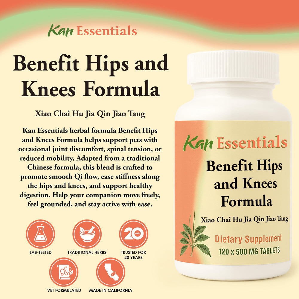 Kan Herbs Benefit Hips and Knees bottle front label highlighting pet wellness formula