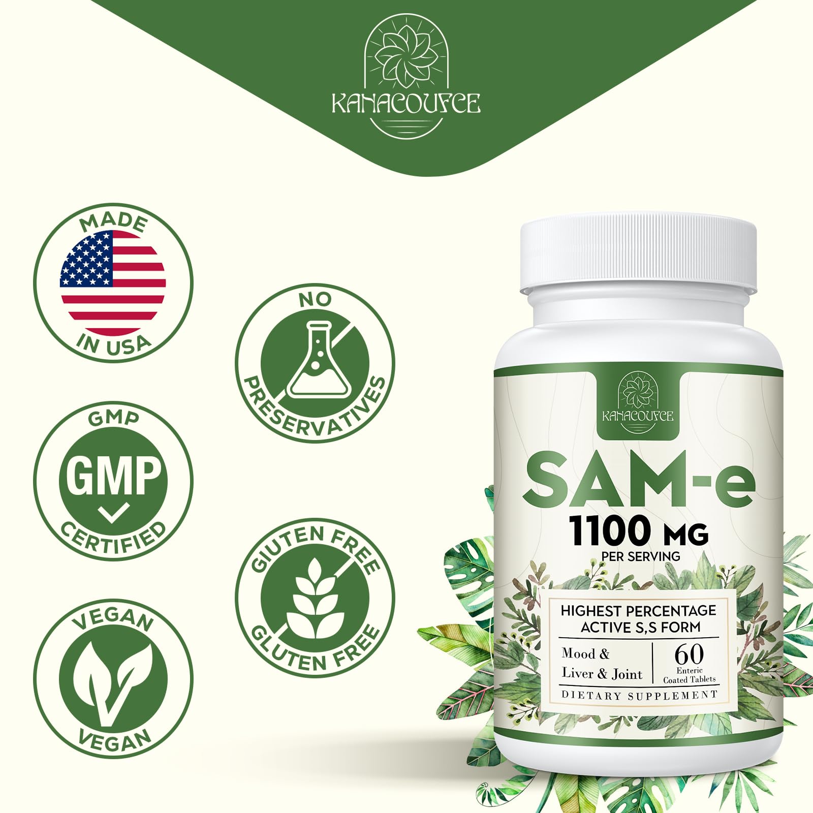 Two-month supply: 60 tablets per bottle from Kanacoufce SAM-e.
