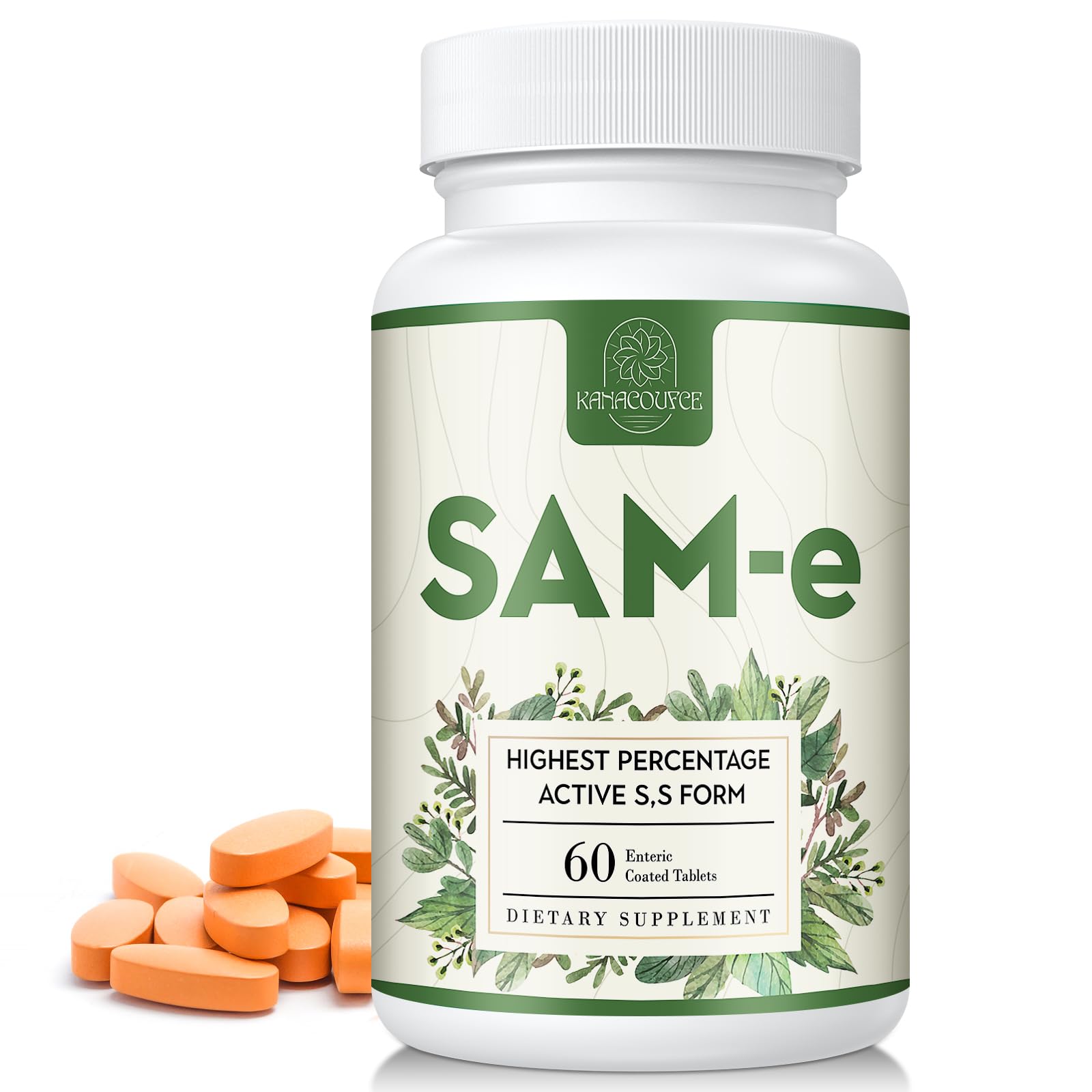 Kanacoufce SAM-e 1100mg tablets bottle shown, convenient daily supplement for mood and liver support.