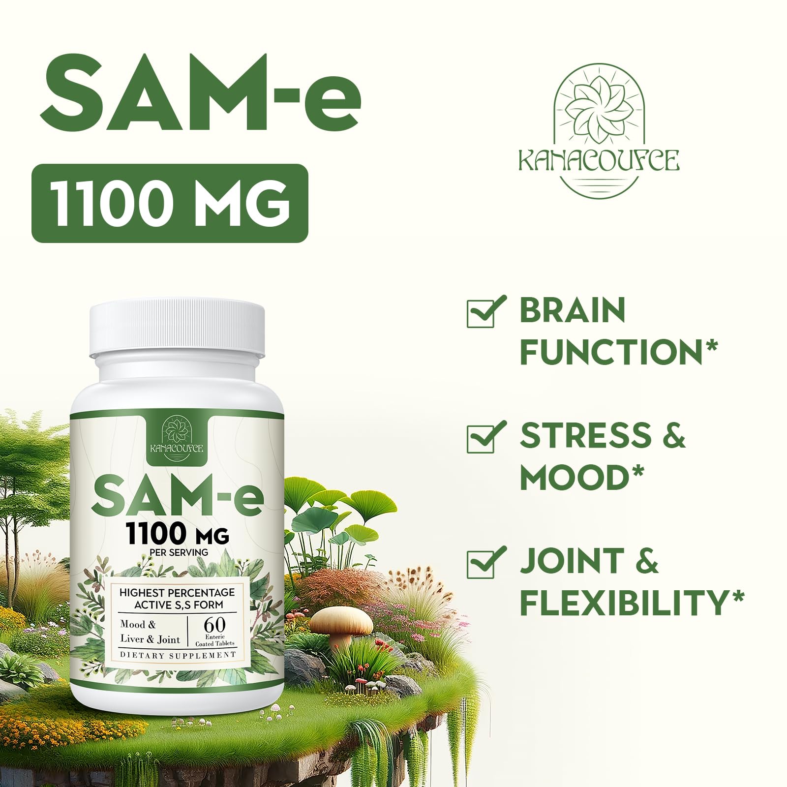 Kanacoufce SAM-e 1100mg tablets on finger suggests easy daily intake.