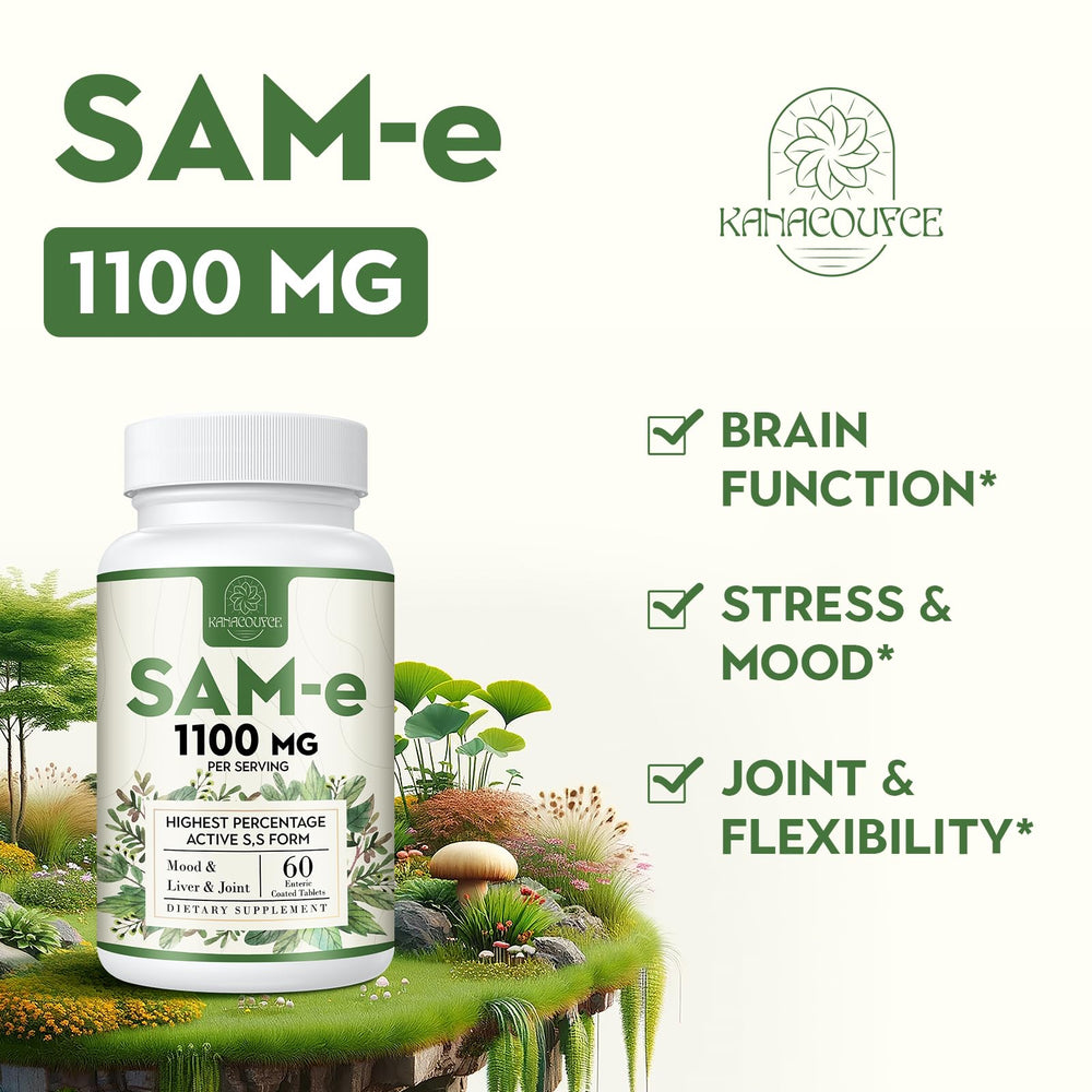 Kanacoufce SAM-e 1100mg tablets on finger suggests easy daily intake.