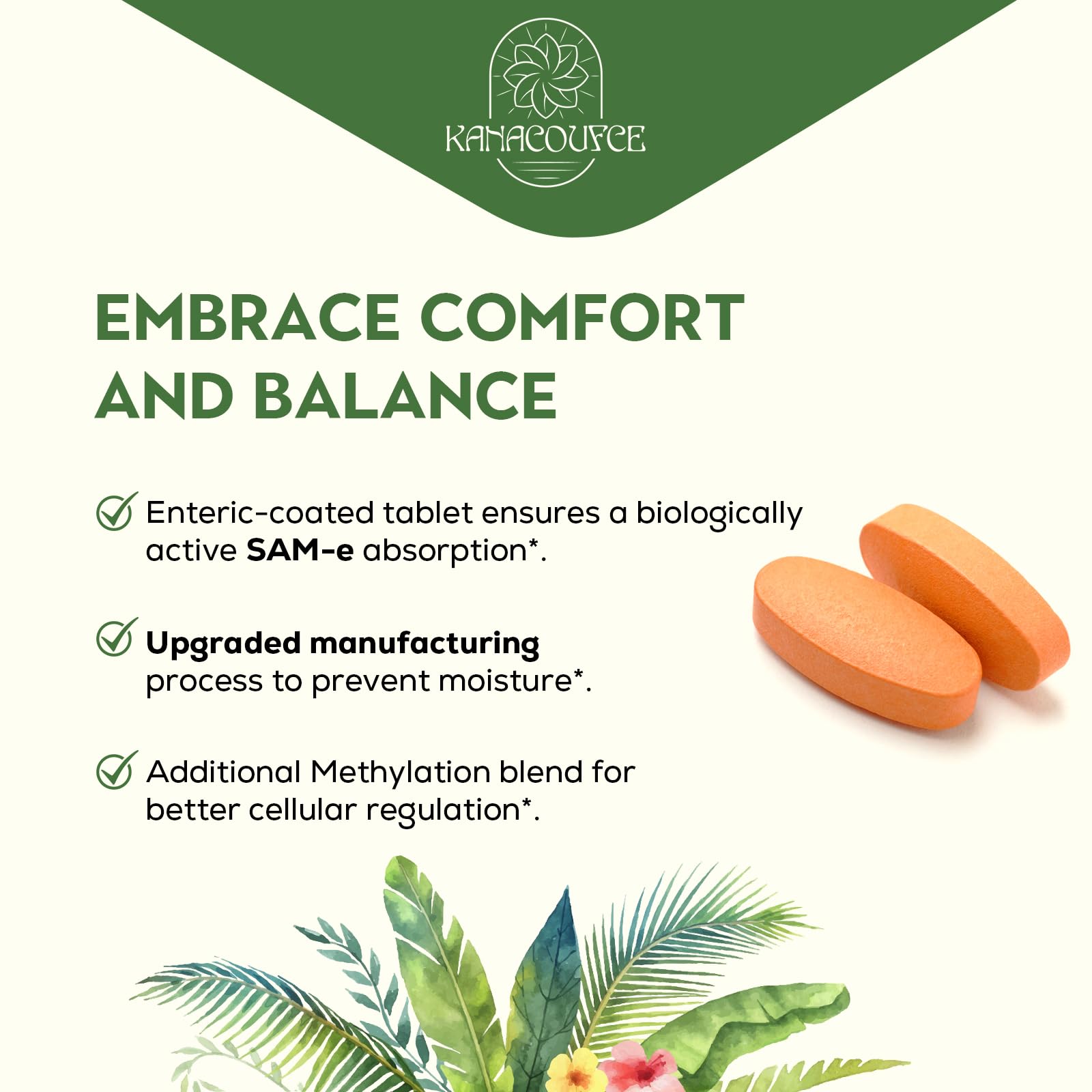 Kanacoufce SAM-e 1100mg tablets with glass of water ready for daily routines.