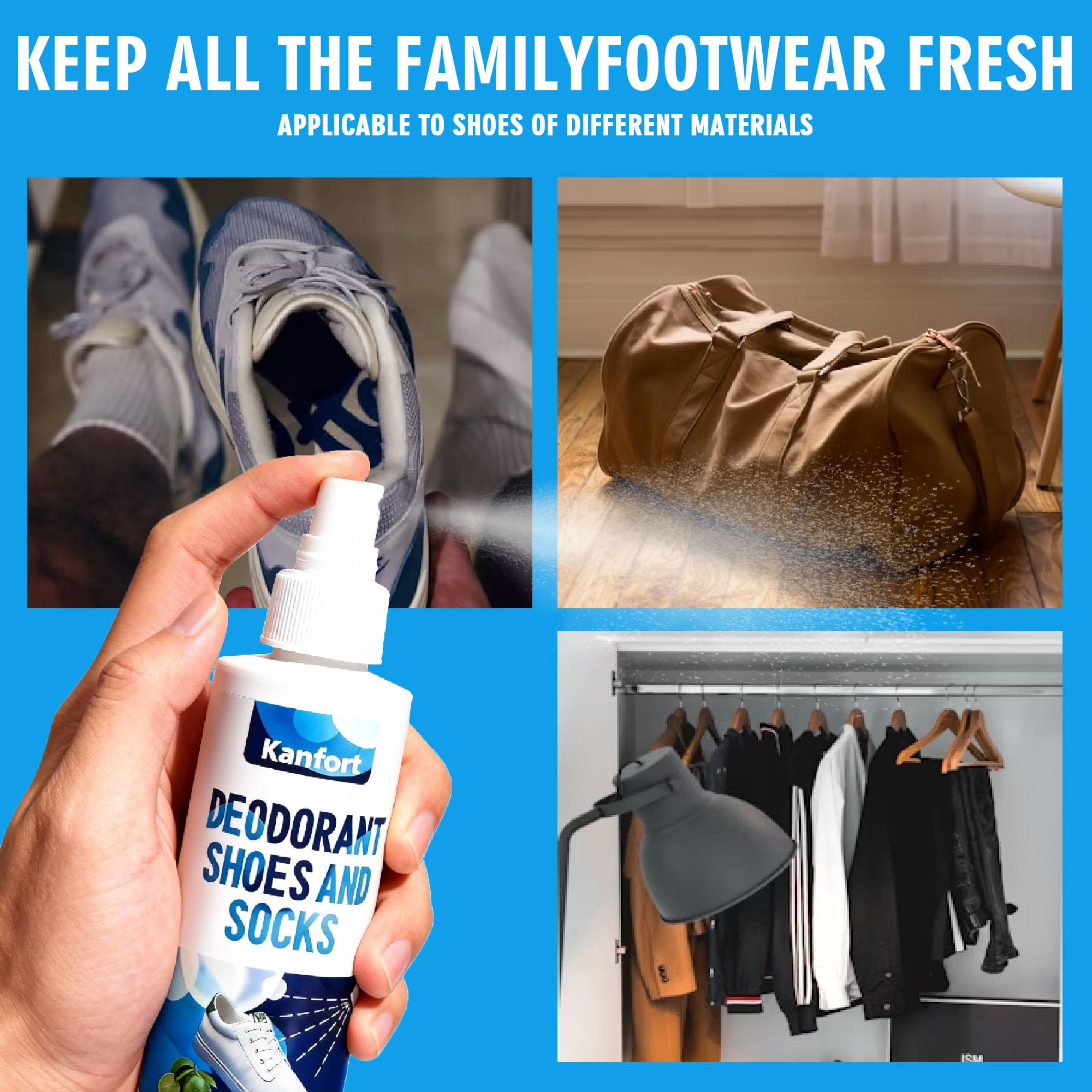 Kanfort packaging display sign indicating convenient odor elimination for footwear.