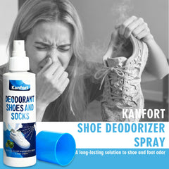 Kanfort Shoe Deodorizer Spray in action inside a sneaker for quick freshness.