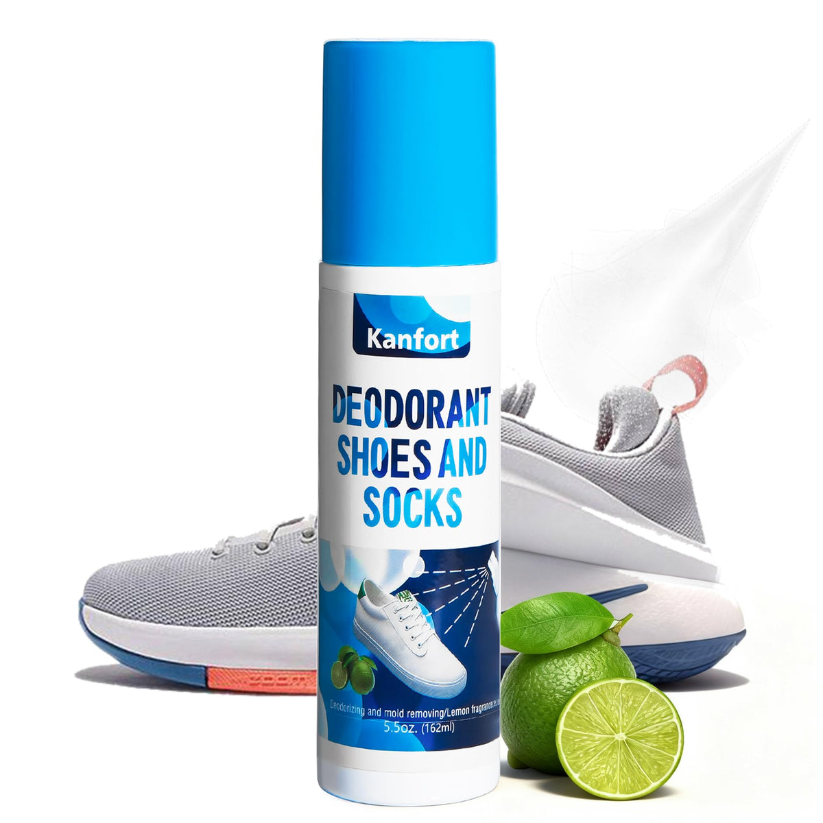 Kanfort Shoe Deodorizer Spray bottle front view, odor control for shoes.