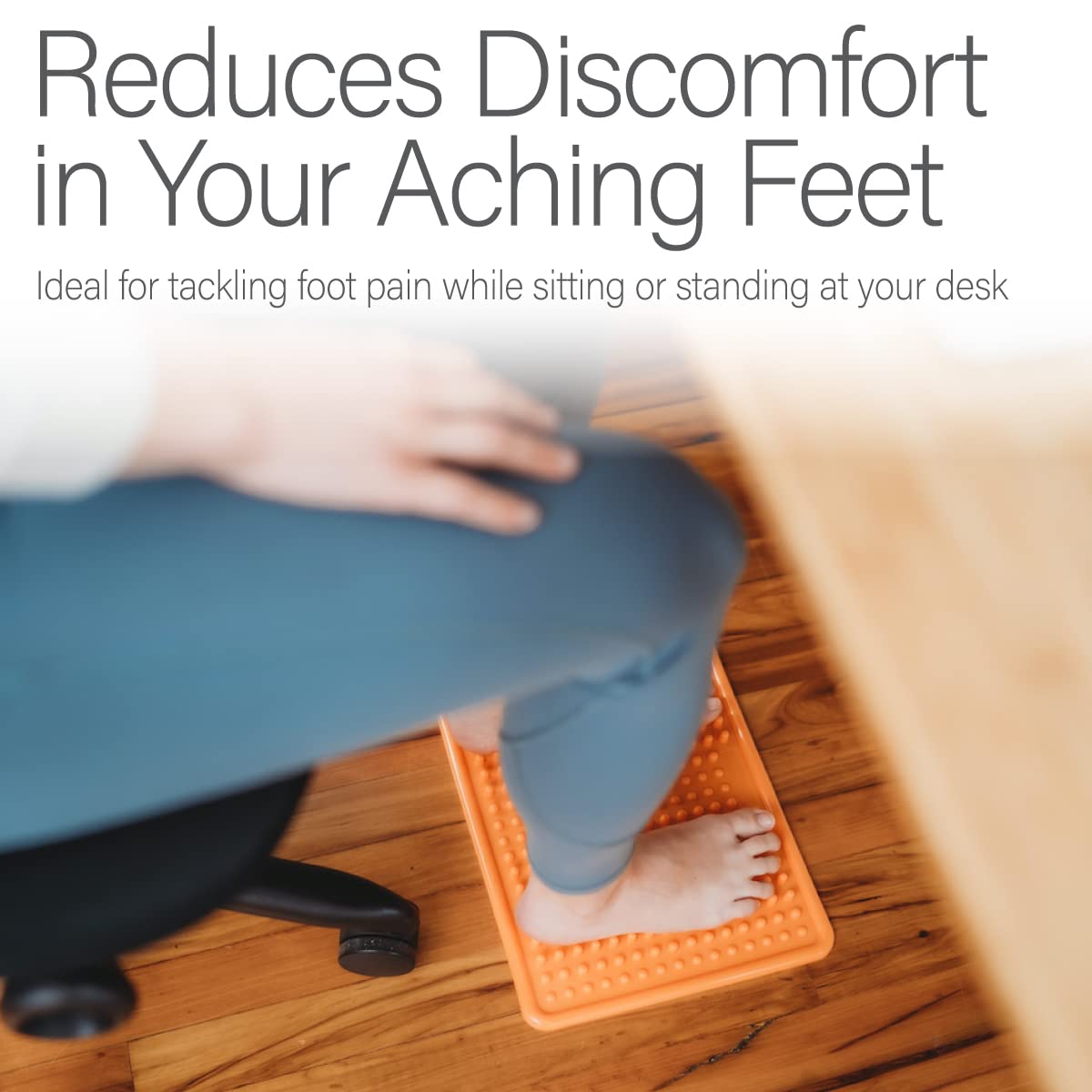 Kanjo acupressure foot pain relief mat at desk use for desk-side relief.
